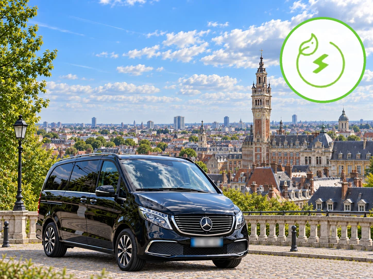 Montage d’un van Mercedes noir devant un panorama urbain, avec un pictogramme de mobilité électrique.